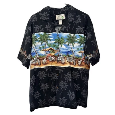 KY's Hawaiian Shirt Motorcycle Print Men’s Large Short Sleeve Black Vtg - Image 1 of 4