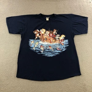 vtg cats on boat fishing T shirt womens XL blue grandmacore cat lover cute y2k - Picture 1 of 14