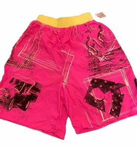 Vintage 90s Surf Style Nylon Shorts M NWT Neon Logo AOP Graphic Parachute Trunks - Picture 1 of 15