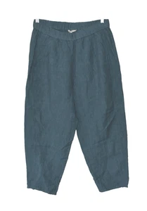 A6 Auth EILEEN FISHER Teal Organic Linen Side Pockets Elastic Waist Pants Sz S/P - Picture 1 of 5