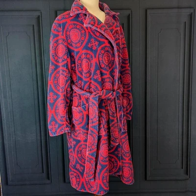 Bata de tela de rizo vintage pesada roja azul años 70 talla pequeña toalla bata playa encubrimiento Foto 1 de 4