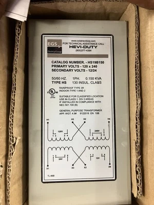 EGS HS19B150 120/240V PRIMARIO, TRANSFORMADOR SECUNDARIO 12/24V Foto 1 de 2
