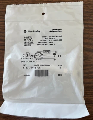 NEW! ALLEN BRADLEY, 872C-J5N18-R3, SER C, INDUCTIVE PROXIMTY SENSOR 20-250V,NIB - Image 1 of 3