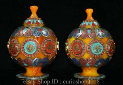 Par de ollas de barro con incrustaciones de cera de abejas de plata antigua del Tíbet de 6,8" turquesa ocho tesoros Foto 1 de 4