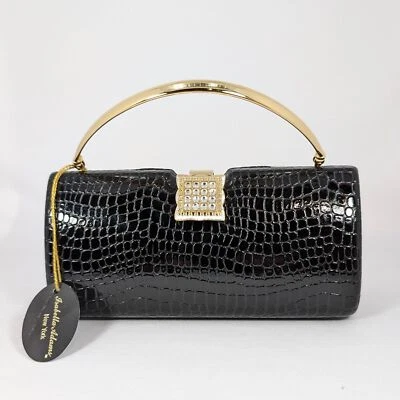 Isabella Adams New York Black Croc Evening Purse Crossbody Bag Gold Rhinestones - Image 1 of 4