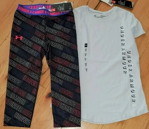 Under Armour Wordmark Top & Cropped Capri Leggings Neu mit Etikett Mädchen M YMD grau schwarz - Bild 1 von 2