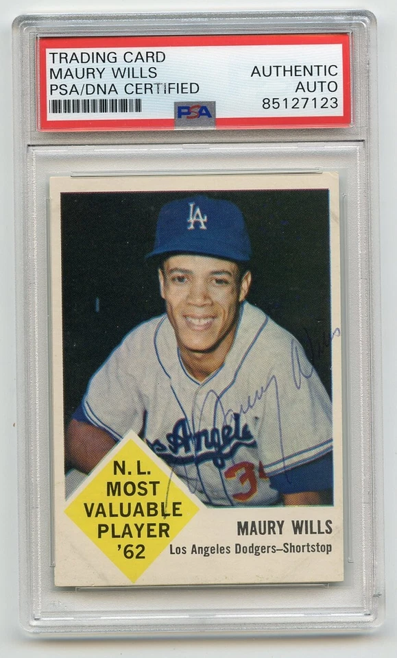 MAURY WILLS Vintage Ballpoint Signed 1963 Fleer Rookie #43 Dodgers PSA/DNA Enca - Image 1 of 1