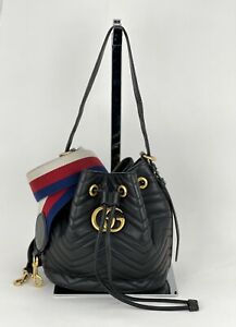 Gucci Handbag Sylvie Web GG Marmont Black Leather Matelasse Bucket Bag B478 AUTH
