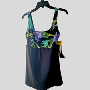 Robby Len Longitude Floral Print and Solid Black Swim Dress Size 12 New - Picture 1 of 6