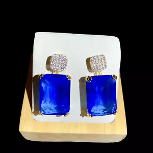 18k Gold Filled 20 Ct Square Lab-Created Blue Sapphire Dangle Drop Earrings - Picture 1 of 18