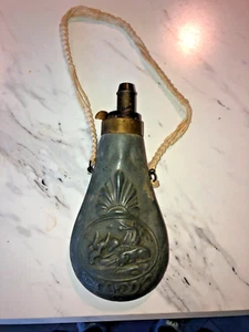 Antique 1800's Black Powder Horn Zinc & Brass Embossed w/ Strap Hunting Military - Picture 1 of 6