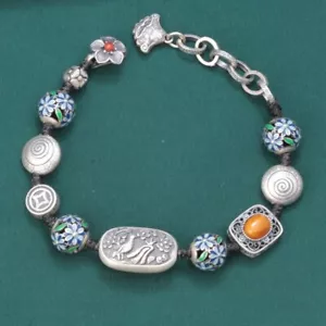 A22 Armband mit Vogel gelbem Bernstein Blüten auf Silberperlen Silber 925 - Bild 1 von 9