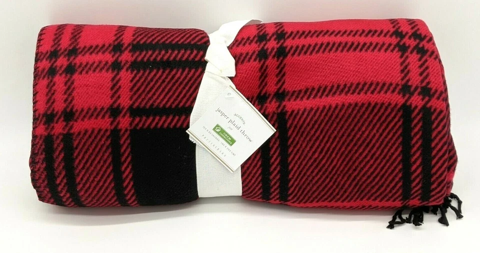 POTTERY BARN ~ JASPER PLAID THROW BLANKET ~ RED HOLIDAY CHRISTMAS - Image 1 of 1