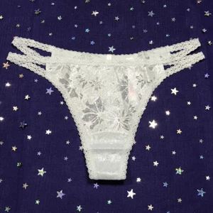 Victorias Secret Pink Strappy Lace Thong Panty Sz Large Shimmery Blue Underwear - Picture 1 of 7