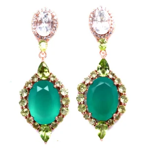 Piedras Ágata Verde, Topacio, Peridoto & Circonita Pendientes 925 Plata de Ley - Imagen 1 de 4
