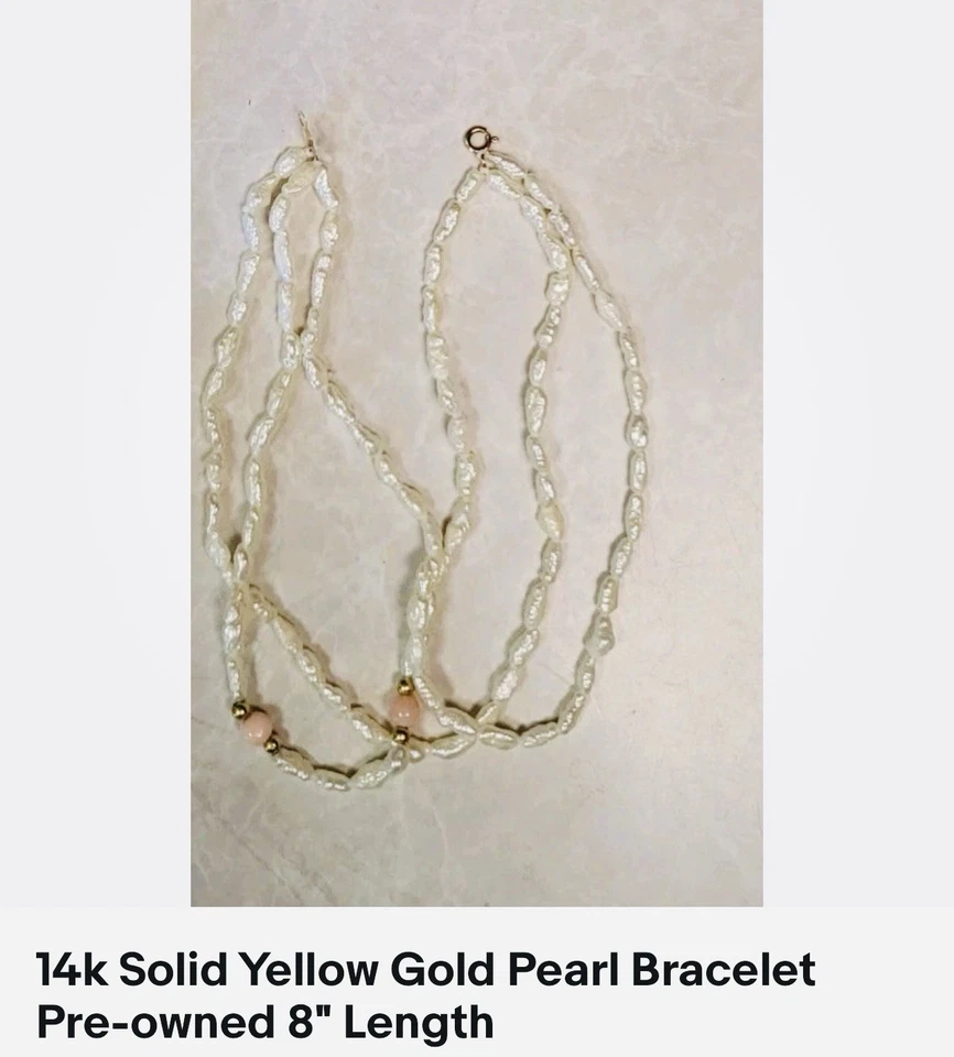 Bonito brazalete de perlas blancas naturales de agua dulce amarillo 14k amarillo/oro 8 1/4 pulgadas Foto 1 de 1