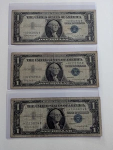 US Three, One Dollars, 1957 B, $ Silver Certificates, Star Notes, Blue Seal  - Picture 1 of 2