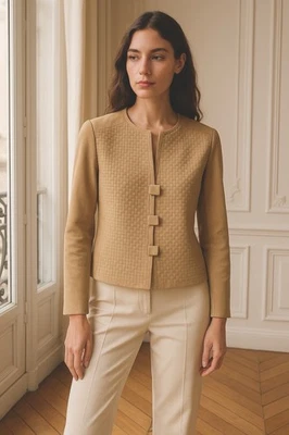 Vintage Carlisle Cropped Tan Suede Jacket Woven Texture Size 6 - Image 1 of 4