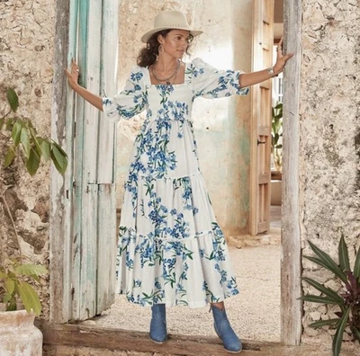 ESPECIA MAXI DRESS S FLORAL COTTON SMOCKED OFF SHOULDER SLEEVES FEMININE - Image 1 of 4