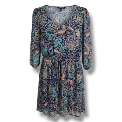 Mini vestido BeBop feminino azul marinho paisley boho forrado de chiffon – tamanho médio  - Imagem 1 de 4
