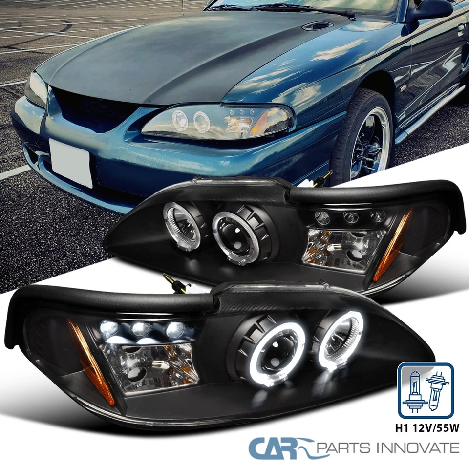 Black Fits 94-98 Ford Mustang Cobra GT LED Halo Projector Headlights Left+Right — 第 1/4 张图片