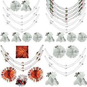 Christmas Foil Hanging Decorations Sets Bell Ball Garlands Metallic Tinsel Décor - Picture 1 of 50