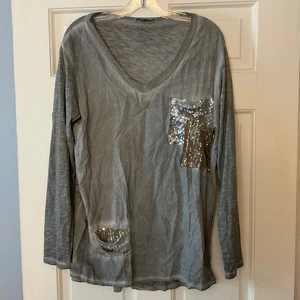 Made In Italy Gray Sequin Pocket Top Distressed M Lagenlook Artsy Art To Wear - Picture 1 of 9