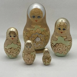 Vintage Russian Matryoshka 5 Piece Set Signed 4.5 in Wooden Floral Silver trim - Picture 1 of 7
