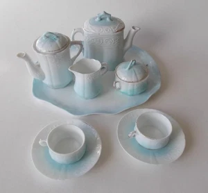 Vintage/Antique Child's 12 Piece Doll Tea Set White with Blue & Gold Trim - Picture 1 of 14