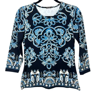 Top J. McLaughlin Signature Catalina de tela manga 3/4 negro y azul talla XS - Imagen 1 de 8