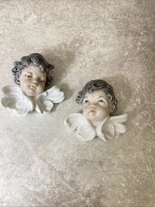 Pair Of Cherub/Angel Heads Wall Hangings Figurines Glazed Ceramic - Picture 1 of 12