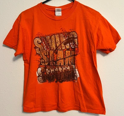 Gildan Ultra Cotton Youth Size Large Orange Short Sleeve TShirt Swing Slam Score - Image 1 of 4