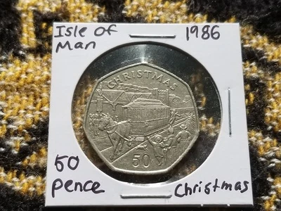 Isla de Man 50 peniques 1986 Cu-Ni circulado - tarifa de Navidad incluida Foto 1 de 2