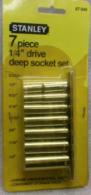 STANLEY 7 PIECE SAE STANDARD 1/4" DRIVE 6 POINT DEEP SOCKET SET 87-949 #411D - Image 1 of 2