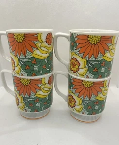 4 Small Vintage Retro Style Coffee Cup Mug Orange/yellow/green flowers. - Picture 1 of 12