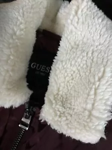 GUESS Jacket Mens Sz XL Faux Fur Collar Burgundy Bomber - Picture 1 of 10