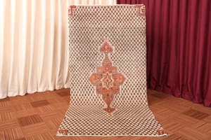 Alfombra de lana blanca anudada a mano a cuadros oriental envejecida vintage geométrica 4x7 - Imagen 1 de 10