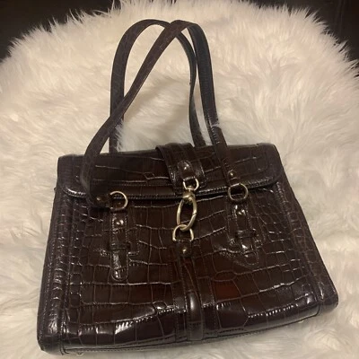 Ann Taylor Patent Leather Alligator Bag Brown Lobster Claw Clasp Large Satchel - Image 1 of 4
