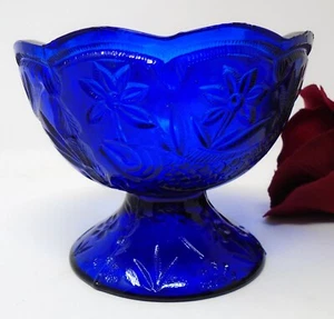 Cobalt Blue Glass Footed Compote with Fish and Flowers Design - Picture 1 of 3