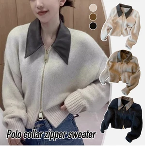 Mujeres Cuero PU Cuello Abatible Suéter Tejido Cárdigan Informal Cárdigan Chaqueta Top - Imagen 1 de 23