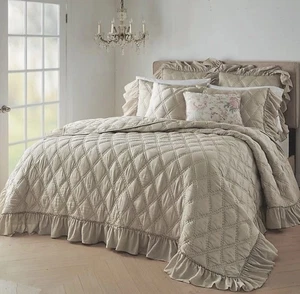 3-teiliges Wamsutta Vintage doppelte Diamanten Rüschen Quilt Set neutral Bauernhaus beige - Bild 1 von 4