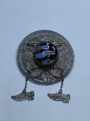 Antique Sterling Silver Filigree Hat With Peacocks Dangling Shoes Brooch 12.1g - Image 1 of 4