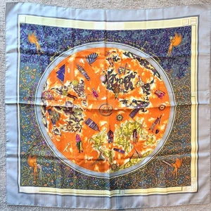 HERMES Carre 90 World Map Silk Scarf Gray Orange Women's Vintage Fashion - Picture 1 of 12