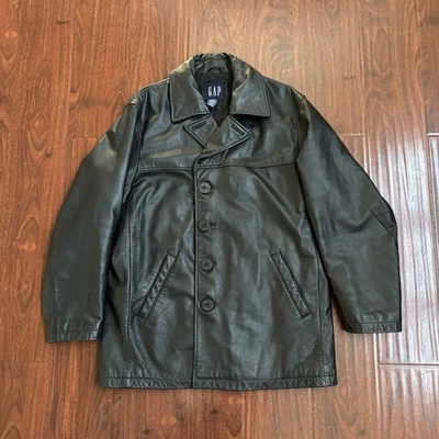 Vintage GAP Leather Jacket Long Coat Size M 90s Y2K Sailor Black - Image 1 of 4