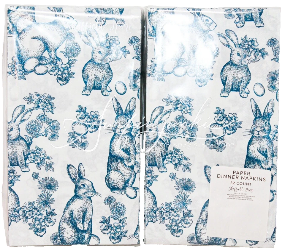 Dinner Napkin Bathroom Guest Towel 2 pack Blue Toile 32 Ct Easter Bunny Rabbit - Image 1 of 4