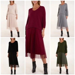 New Ladies Womens TULLE DRESS & TEXTURE BATWING JUMPER SET Jumper Dress Pleated - Picture 1 of 23