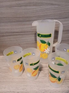 HTF Vtg Frosted Lemonade Juice Pitcher 48 oz & 4 Glasses Drink Tumblers 16 oz - Picture 1 of 1