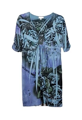 One World Live and Let Live Women’s XL Dress Blue Floral Rhinestones Boho Short  - Image 1 of 4