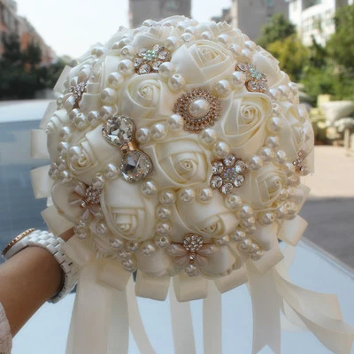 Handmade Luxury Rose Silk Pearls Rhinestone Brooch Wedding Bridal Bouquet Ivory - Image 1 of 4