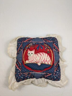 Cat Quillow Hand Made Sewn Quilt In A Pillow Floral Red Kitty Warm Holiday Gift - Image 1 of 4